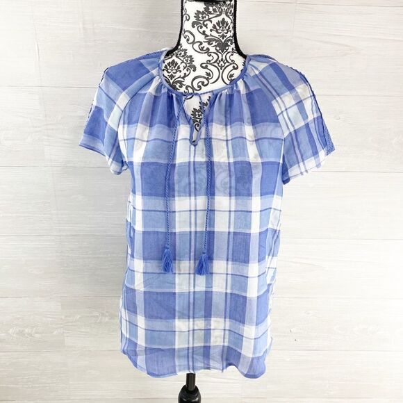Como Vintage Tops - Como Vintage Blue Plaid Tie Collar Peasant Top